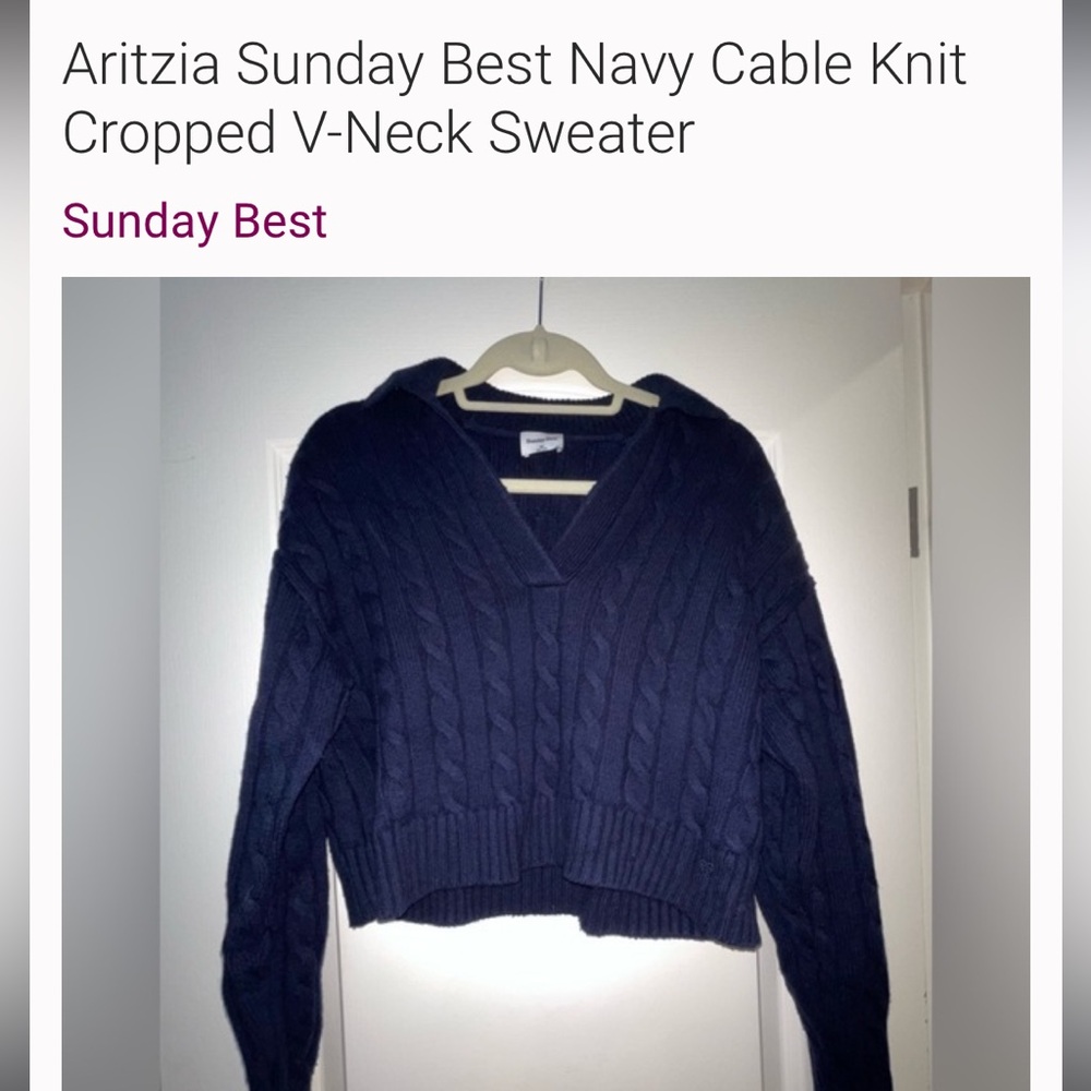 Aritzia Sunday Best Deep Blue Cable Knit V-Neck Sweater